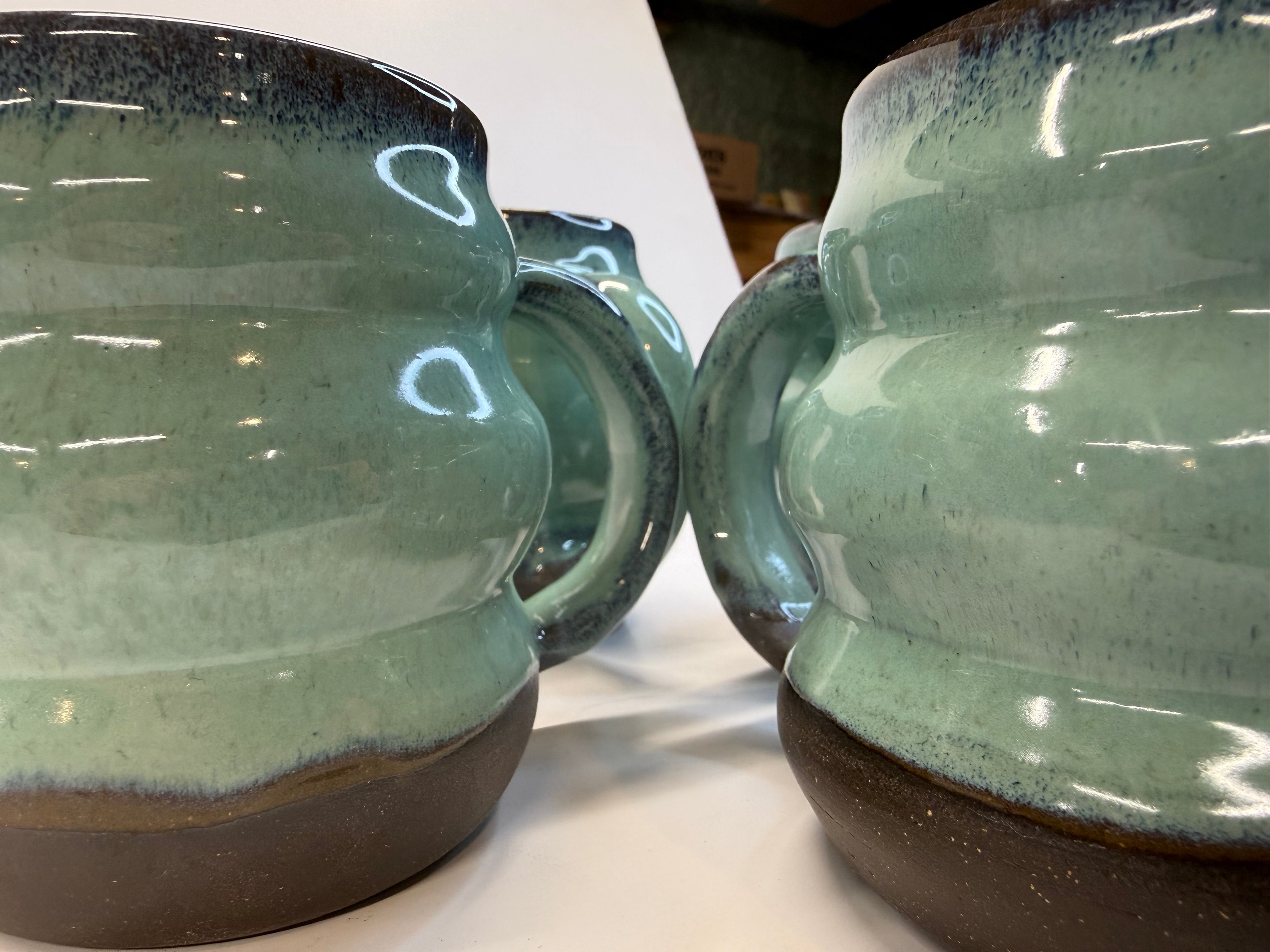 Item 0001 : Stoneware Mugs in Pangaea Mint Glaze- stunners!